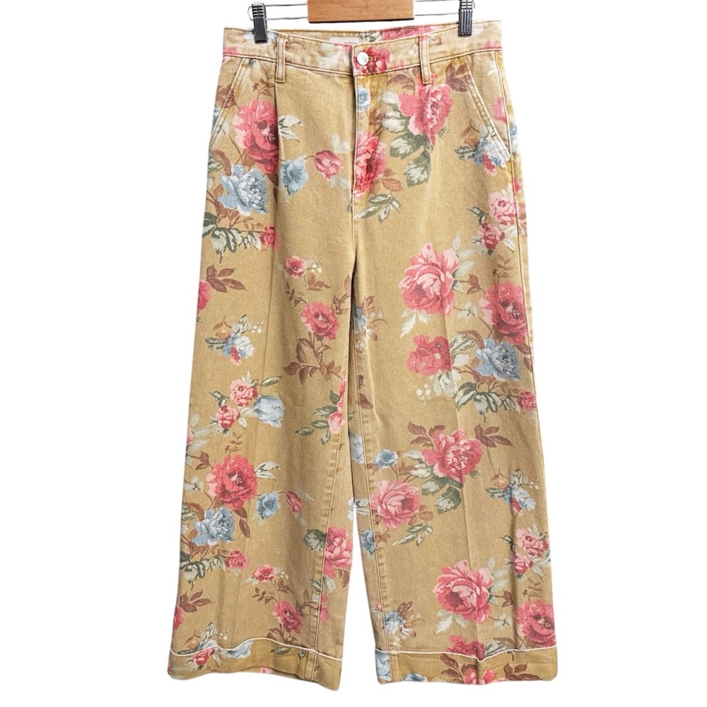 Anthropologie Floral Wide-Leg Jeans in Tan with Pink & Blue Roses - Picture 2 of 7